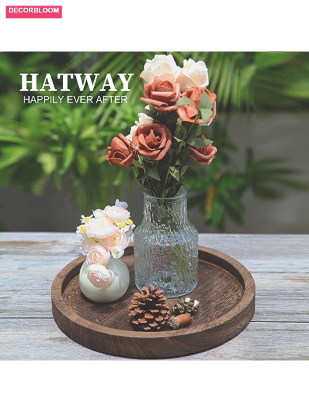 Round Wooden Decorative Tray Candle Holder Rustic Distressed Paulownia Wood - Picture 3 of 6